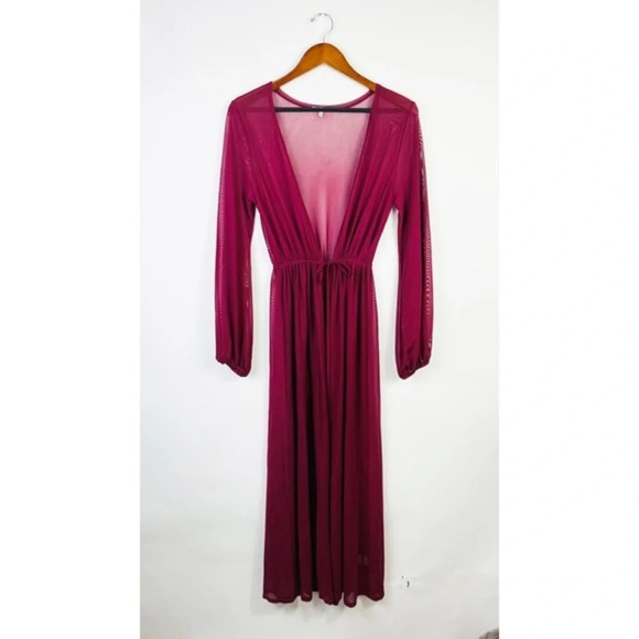 Thin Mesh Long Sleeve Tie Front Swimsuit Swim Beach Maxi Cover Up Dress - Picture 1 of 8